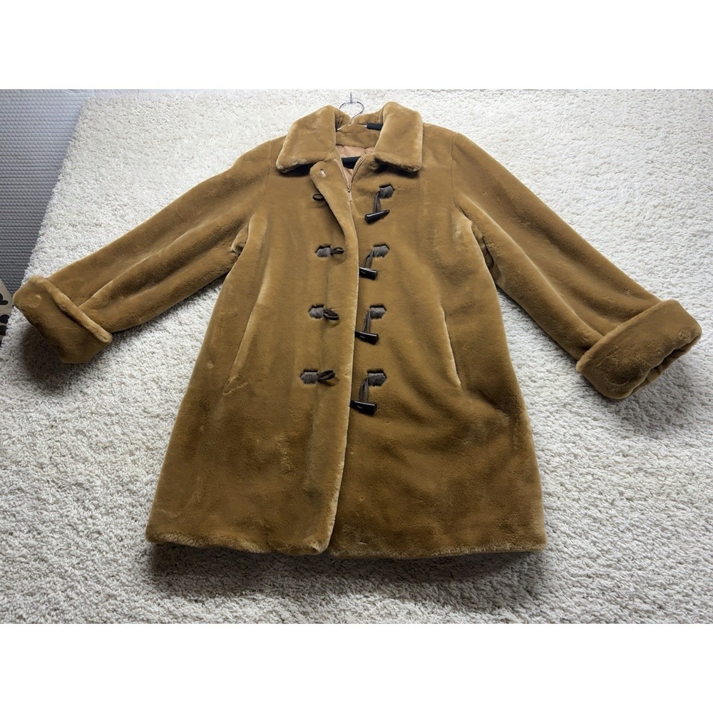Dennis Basso Luxury Zip Plush Brown Faux Fur Coat Large Buttons Size M EUC